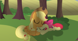 Size: 2146x1137 | Tagged: safe, artist:midnight-star234, apple bloom, applejack, g4, adorabloom, cute, cutie mark, sisters, sleeping, the cmc's cutie marks