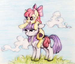 Size: 878x742 | Tagged: safe, artist:buttersprinkle, apple bloom, maud pie, earth pony, pony, g4, apple bloom riding maud pie, duo, pointing, ponies riding ponies, riding, traditional art