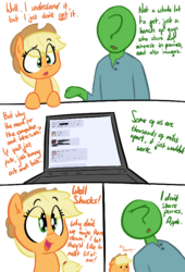 Size: 547x805 | Tagged: safe, artist:shoutingisfun, applejack, oc, oc:anon, earth pony, human, pony, g4, 4chan, :<, clothes, comic, computer, cute, dialogue, dot eyes, ear fluff, eye clipping through hair, female, hat, human male, jackabetes, laptop computer, male, mare, meta, open mouth