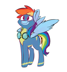 Size: 882x944 | Tagged: dead source, safe, artist:cider, rainbow dash, pegasus, pony, g4, clothes, cross-eyed, cute, female, goggles, proud, simple background, solo, white background, wonderbolts uniform