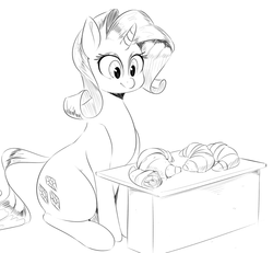 Size: 1000x922 | Tagged: safe, artist:sirmasterdufel, rarity, g4, bread, croissant, female, food, grayscale, monochrome, rarity looking at food, solo
