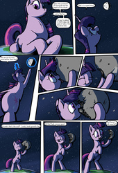 Size: 2000x2933 | Tagged: safe, artist:shieltar, part of a set, twilight sparkle, pony, unicorn, comic:giant twilight, g4, atmosphere, comic, debris, dialogue, eating, edible heavenly object, giant pony, growth, happy, high res, macro, magic, moon, part of a series, planet, space, stars, tangible heavenly object, tongue out, unicorn twilight