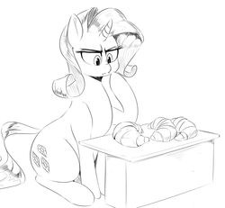 Size: 1000x922 | Tagged: safe, artist:sirmasterdufel, rarity, g4, bread, croissant, female, food, monochrome, rarity looking at food, solo