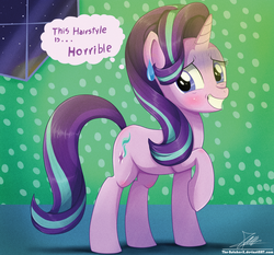 Size: 1871x1742 | Tagged: safe, artist:the-butch-x, starlight glimmer, pony, unicorn, g4, female, grin, looking at you, mare, new hairstyle, raised hoof, smiling, solo, sweat, window