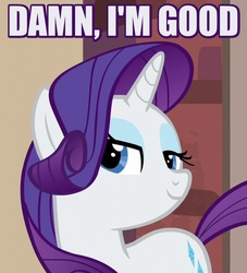Size: 500x550 | Tagged: safe, edit, edited screencap, screencap, rarity, g4, the gift of the maud pie, bedroom eyes, caption, confident, female, happy, image macro, looking at you, meme, reaction image, smiling, smug, solo