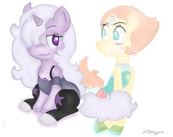 Size: 1004x796 | Tagged: dead source, safe, artist:giantwomen, earth pony, gem (race), gem pony, pony, unicorn, amethyst, amethyst (steven universe), crossover, duo, duo female, female, gem, hilarious in hindsight, lesbian, mare, non-mlp shipping, pearl, pearl (steven universe), pearlmethyst, ponified, quartz, shipping, steven universe