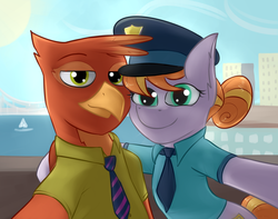 Size: 2855x2250 | Tagged: safe, artist:marsminer, copper top, griffon, g4, the gift of the maud pie, bipedal, crossover, disney, griffonized, high res, looking at you, nick wilde, policemare, selfie, species swap, wholesome, zootopia
