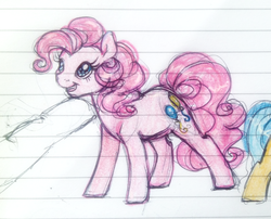 Size: 941x759 | Tagged: safe, artist:buttersprinkle, pinkie pie, human, g4, chin scratch, cute, diapinkes, finger, hand, lined paper, size difference, tiny, tiny ponies, traditional art