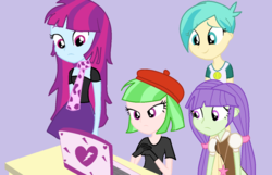 Size: 1024x660 | Tagged: safe, artist:kesosofi, drama letter, mystery mint, starlight, tennis match, watermelody, equestria girls, g4, background human