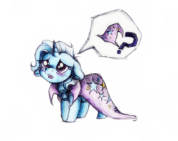 Size: 1016x808 | Tagged: safe, artist:buttersprinkle, trixie, pony, unicorn, g4, cloak, clothes, cute, diatrixes, female, hat, mare, sad, solo, traditional art, trixie's hat