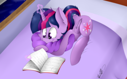 Size: 3655x2287 | Tagged: safe, artist:befishproductions, twilight sparkle, alicorn, pony, g4, bed, book, female, high res, magic, mare, reading, signature, solo, telekinesis, twilight sparkle (alicorn)