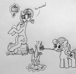Size: 1802x1760 | Tagged: artist needed, safe, rarity, sweetie belle, pony, unicorn, g4, campfire, cannibalism joke, female, filly, fire, foal, food, glowing horn, horn, levitation, magic, mare, marshmallow, mirror, monochrome, rarity is a marshmallow, roasting, sweetie belle is a marshmallow too, telekinesis, traditional art