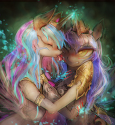 Size: 1836x2000 | Tagged: safe, artist:girlsay, princess celestia, princess luna, g4, blood, caring, eyes closed, grooming, injured, licking, scratches, tongue out