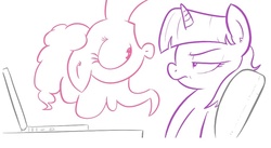 Size: 949x519 | Tagged: safe, artist:shoutingisfun, pinkie pie, twilight sparkle, g4, annoyed, computer, in which pinkie pie forgets how to gravity, laptop computer, lineart, pinkie being pinkie, pinkie physics, upside down