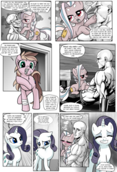 Size: 1309x1920 | Tagged: safe, artist:pencils, rarity, oc, oc:anon, oc:mascara maroon, oc:papyra maroon, earth pony, human, pony, unicorn, comic:anon's pie adventure, g4, bandage, bedroom eyes, bioshock, blushing, boop, bracer, braid, clothes, comic, cute, disappointed, eyes closed, female, filly, frown, glare, grin, holding a pony, hoof in mouth, hug, human male, innuendo, jealous, looking back, male, mare, muscles, music notes, nervous, open mouth, pouting, prone, smiling, sweat, teeth, topless, uncomfortable, underhoof, whispering, would you kindly