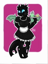 Size: 385x512 | Tagged: safe, artist:cheesewheel, changeling, anthro, unguligrade anthro, clothes, cute, female, maid, smiling, solo