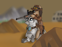 Size: 4000x3000 | Tagged: safe, artist:thebluburb, oc, oc only, oc:cogs fixmore, oc:silvia the gryphon, griffon, fallout equestria, goggles, gun, rifle, weapon