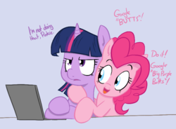 Size: 713x526 | Tagged: safe, artist:shoutingisfun, pinkie pie, twilight sparkle, earth pony, pony, unicorn, g4, annoyed, blue background, butts, computer, dialogue, female, frown, glare, hug, laptop computer, mare, open mouth, peer pressure, simple background, smiling, twilight sparkle is not amused, unamused, unicorn twilight