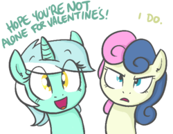 Size: 474x365 | Tagged: safe, artist:shoutingisfun, bon bon, lyra heartstrings, sweetie drops, earth pony, pony, unicorn, g4, bon bitch, bon bon is not amused, dialogue, duo, frown, looking at you, simple background, smiling, unamused, valentine's day, white background