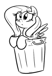 Size: 337x489 | Tagged: safe, artist:shoutingisfun, fluttershy, pegasus, pony, g4, :<, crying, female, frown, leaning, looking up, mare, monochrome, sad, solo, spread wings, trash can, wings, your waifu is trash
