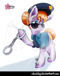 Size: 634x800 | Tagged: safe, artist:clouddg, copper top, earth pony, pony, g4, the gift of the maud pie, cap, clothes, cuffs, female, hat, manehattan, necktie, police officer, police uniform, raised hoof, signature, solo, sunglasses, uniform