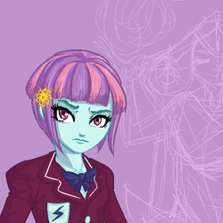 Size: 561x560 | Tagged: safe, artist:kul, sunny flare, equestria girls, g4, alternate universe, clothes, crystal prep academy uniform, female, hairpin, persona, school uniform, scowl, simple background, sketch, solo, style emulation