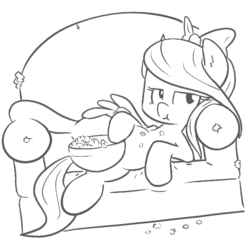 Size: 576x579 | Tagged: safe, artist:shoutingisfun, flitter, g4, bow, couch, dutch angle, eating, female, food, furniture, hair bow, lazy, lineart, looking at you, love seat, monochrome, popcorn, reclining, solo