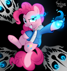 Size: 1600x1700 | Tagged: safe, artist:tina-de-love, pinkie pie, g4, bad time, clothes, crossover, female, gaster blaster, glowing eyes, grin, jacket, megalovania, sans (undertale), sans pie, solo, soul, spoilers for another series, undertale, vector