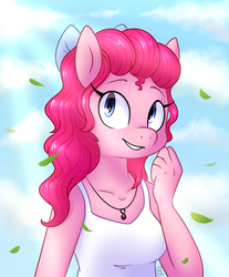 Size: 900x1087 | Tagged: safe, artist:saber-panda, oc, oc only, oc:co, anthro, alternate hairstyle, beautiful, bust, clothes, cute, female, hair bow, leaves, necklace, not pinkie pie, solo, tank top