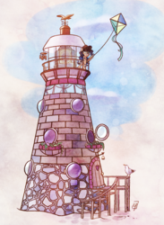 Size: 1000x1364 | Tagged: safe, artist:spacechickennerd, oc, oc only, oc:eventide, kite, lighthouse, solo