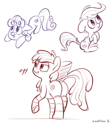 Size: 3010x3339 | Tagged: safe, artist:zapplebow, apple bloom, scootaloo, sweetie belle, earth pony, pegasus, pony, unicorn, g4, :p, butt, clothes, cutie mark, cutie mark crusaders, female, filly, foal, high res, plot, sketch, socks, striped socks, the cmc's cutie marks, tongue out