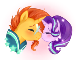 Size: 1127x876 | Tagged: safe, artist:0biter, starlight glimmer, sunburst, pony, unicorn, g4, blushing, boop, cute, duo, eyes closed, female, gradient background, male, mare, nose wrinkle, noseboop, ship:starburst, shipping, smiling, stallion, straight