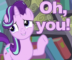 Size: 720x600 | Tagged: safe, screencap, starlight glimmer, pony, unicorn, g4, the crystalling, book, caption, female, image macro, looking away, mare, meme, oh you, raised hoof, reaction image, scroll, solo