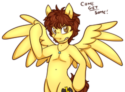 Size: 1072x790 | Tagged: safe, artist:deyogee, pony, semi-anthro, achievement hunter, dialogue, freckles, michael jones, partial nudity, ponified, rooster teeth, solo, text