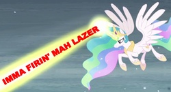 Size: 850x460 | Tagged: safe, screencap, princess celestia, g4, the crystalling, female, flying, image macro, imma firin mah lazah, magic, magic blast, meme, shoop da whoop, solo, spread wings