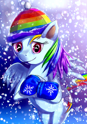 Size: 422x598 | Tagged: safe, artist:passer-in-the-storm, derpibooru exclusive, rainbow dash, g4, beanie, clothes, female, gloves, hat, snow, snowfall, solo, winter
