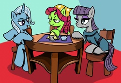 Size: 2136x1472 | Tagged: safe, artist:witkacy1994, maud pie, tree hugger, trixie, pony, unicorn, g4, chair, conversation, female, mare, napkins, sitting, table, talking