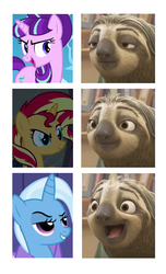 Size: 579x955 | Tagged: safe, starlight glimmer, sunset shimmer, trixie, pony, sloth, unicorn, g4, flash slothmore, op is a duck, op is trying to start shit, twilight's counterparts, zootopia