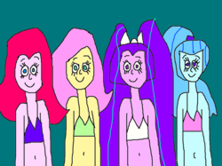 Size: 920x689 | Tagged: safe, artist:mjeddy, aria blaze, fluttershy, pinkie pie, sonata dusk, equestria girls, g4, 1000 hours in ms paint, belly button, bikini, clothes, midriff, ms paint, swimsuit