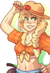 Size: 643x932 | Tagged: safe, artist:ethrealstar, applejack, human, g4, belly button, braid, female, freckles, front knot midriff, grin, humanized, midriff, solo