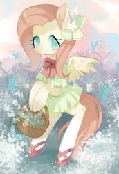 Size: 516x750 | Tagged: safe, artist:puzi, fluttershy, pegasus, pony, g4, basket, bipedal, bowtie, clothes, dress, female, flower, flower in hair, needs more jpeg, smiling, socks, solo