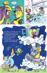 Size: 900x1384 | Tagged: safe, artist:andy price, idw, plumb bob, rainbow dash, tank, zecora, dreary, pegasus, pony, tortoise, zebra, g4, spoiler:comic, spoiler:comic41, ..., cloud, comic, female, flying, hard hat, lying on a cloud, male, mare, on a cloud, preview, speech bubble, stallion