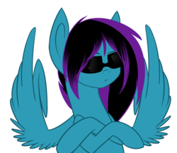 Size: 1024x888 | Tagged: safe, artist:despotshy, oc, oc only, oc:despy, middle feather, middle finger, simple background, solo, sunglasses, swag, transparent background, wing hands, wings