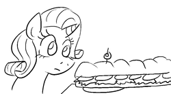 Size: 923x505 | Tagged: safe, artist:jargon scott, rarity, pony, unicorn, g4, black and white, female, food, grayscale, mare, monochrome, rarity looking at food, sandwich, solo