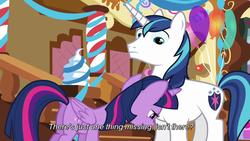 Size: 1280x720 | Tagged: safe, screencap, shining armor, twilight sparkle, alicorn, pony, g4, the one where pinkie pie knows, female, mare, out of context, subtitles, twilight sparkle (alicorn)