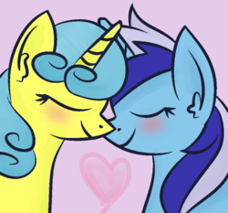 Size: 845x789 | Tagged: safe, artist:berrypunchrules, lemon hearts, minuette, pony, unicorn, g4, abstract background, blushing, eyes closed, female, heart, lesbian, minuhearts, nuzzling, pink background, shipping, simple background