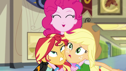 Size: 1280x720 | Tagged: safe, screencap, applejack, pinkie pie, sunset shimmer, equestria girls, g4, my little pony equestria girls: friendship games, female, group hug, hug, trio, trio female