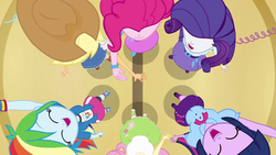 Size: 1280x720 | Tagged: safe, screencap, applejack, fluttershy, pinkie pie, rainbow dash, rarity, twilight sparkle, equestria girls, g4, female, from above