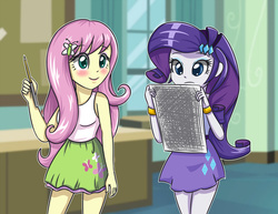 Size: 4488x3472 | Tagged: safe, artist:sumin6301, fluttershy, rarity, equestria girls, g4, blushing, bracelet, canterlot high, clothes, duo, high res, paper, pencil, reading, skirt, tank top