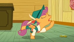 Size: 1653x933 | Tagged: safe, screencap, scootaloo, g4, on your marks, clothes, discovery family logo, lederhosen, yodeloo